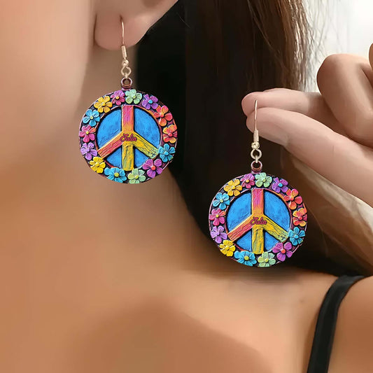 Floral Peace Symbol - Personalized Hippie Earrings