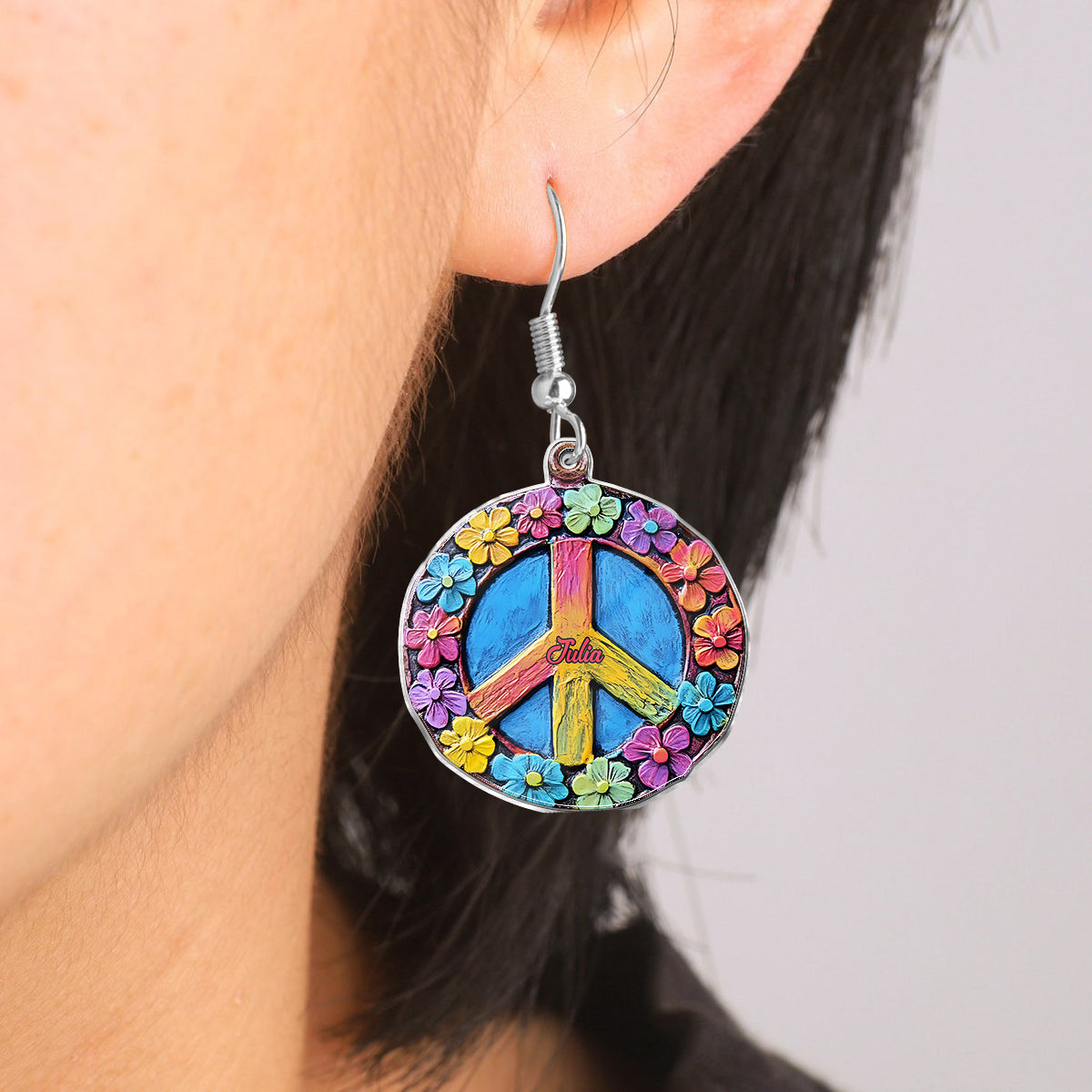 Floral Peace Symbol - Personalized Hippie Earrings