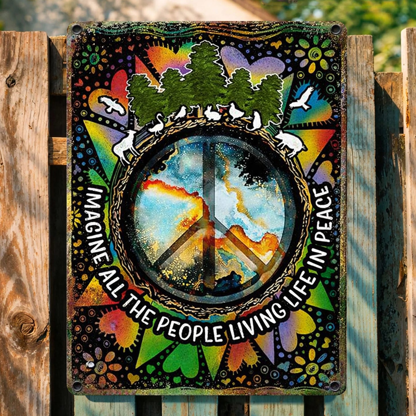 Imagine All The People Living Life In Peace - Hippie Metal Sign Version 2