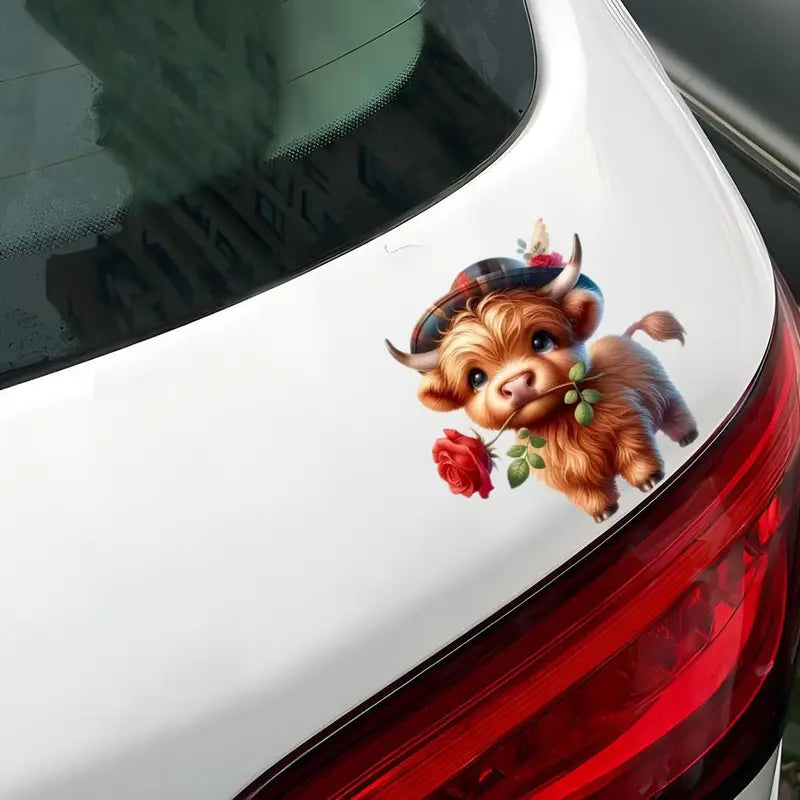 Cool & Fun Highland Cow with Rose Sticker