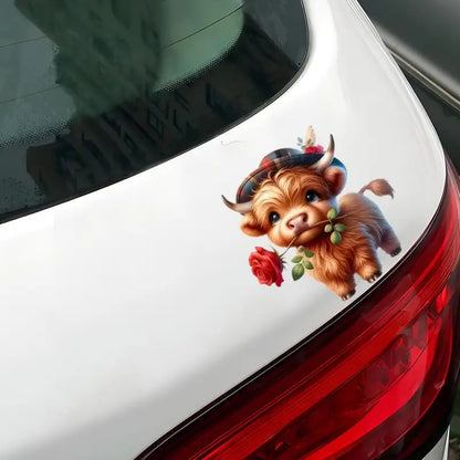 Cool & Fun Highland Cow with Rose Sticker