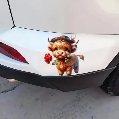Cool & Fun Highland Cow with Rose Sticker