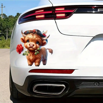 Cool & Fun Highland Cow with Rose Sticker