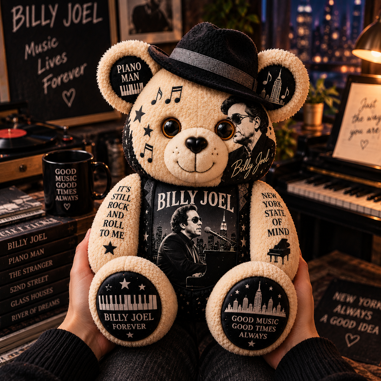 Billy Joel Piano Man Bear Custom Shaped Pillow – Music Legend Fan Gift, Classic Rock Collectible