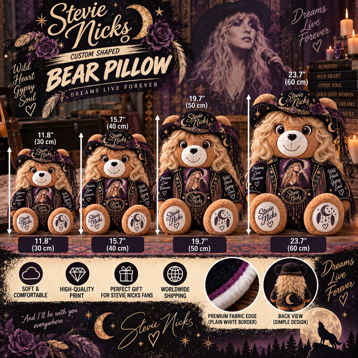 Stevie Nicks Custom Shaped Bear Pillow – Gypsy Soul Music Inspired Gift for Stevie Nicks Fans 2