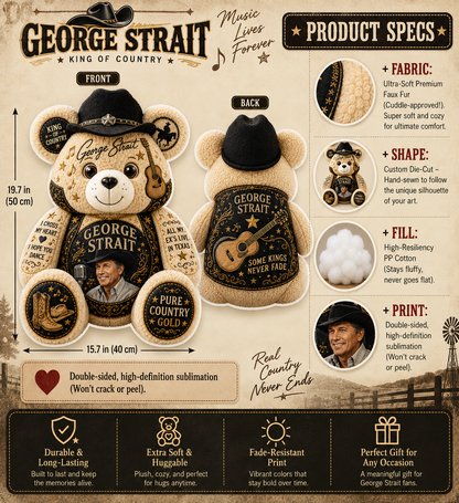 George Strait Bear Custom Shaped Pillow – King of Country, Pure Country Music Fan Gift