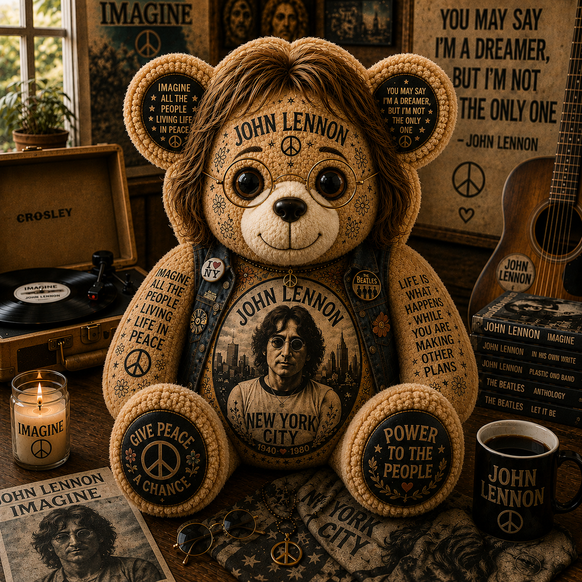 John Lennon Imagine Bear Custom Shaped Pillow – Peace & Love Classic Rock Music Lover Gift