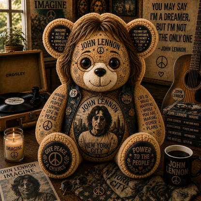 John Lennon Imagine Bear Custom Shaped Pillow – Peace & Love Classic Rock Music Lover Gift