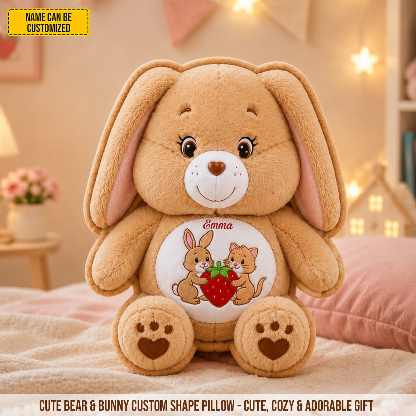 Personalized Cute Bear & Bunny Custom Shaped Pillow