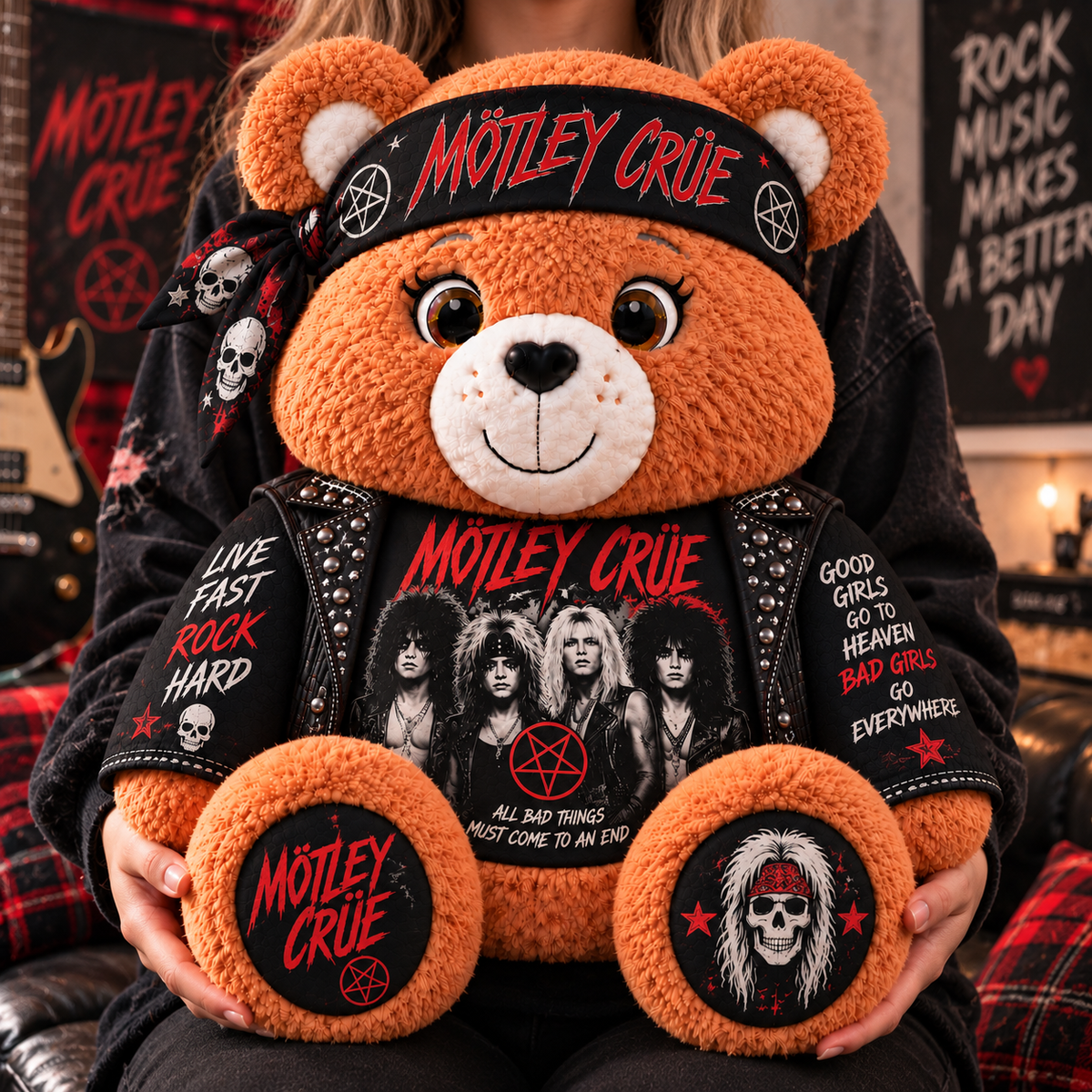 Mötley Crüe Custom Shaped Bear Pillow – Live Fast Rock Hard Hair Metal Rock Music Inspired Gift for Mötley Crüe Fans