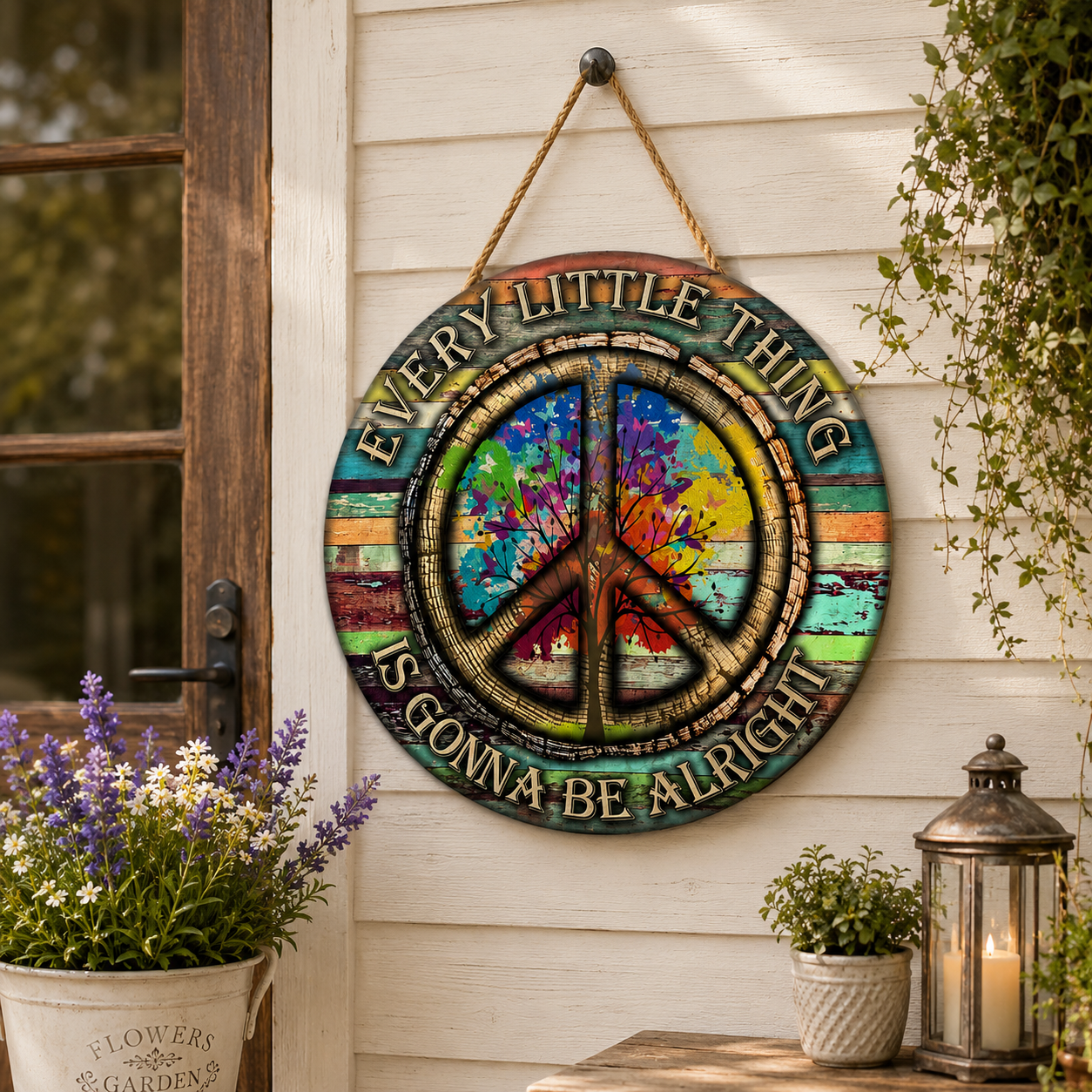 Hippie Peace Every Little Thing Is Gonna Be Alright - Beautiful Round Wood Sign