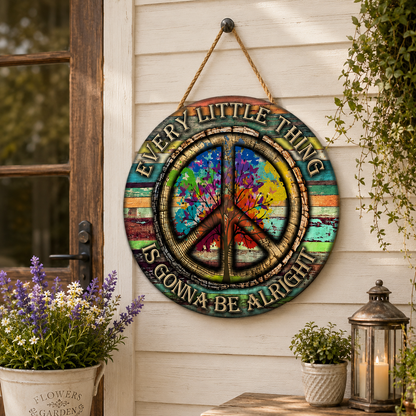 Hippie Peace Every Little Thing Is Gonna Be Alright - Beautiful Round Wood Sign