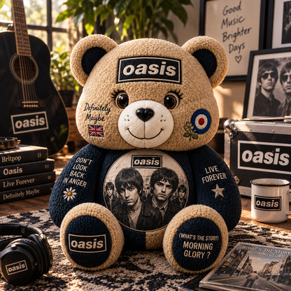 Oasis Bear Custom Shaped Pillow – Definitely Maybe & Morning Glory Music Fan Gift, Britpop Rock Lover Decor