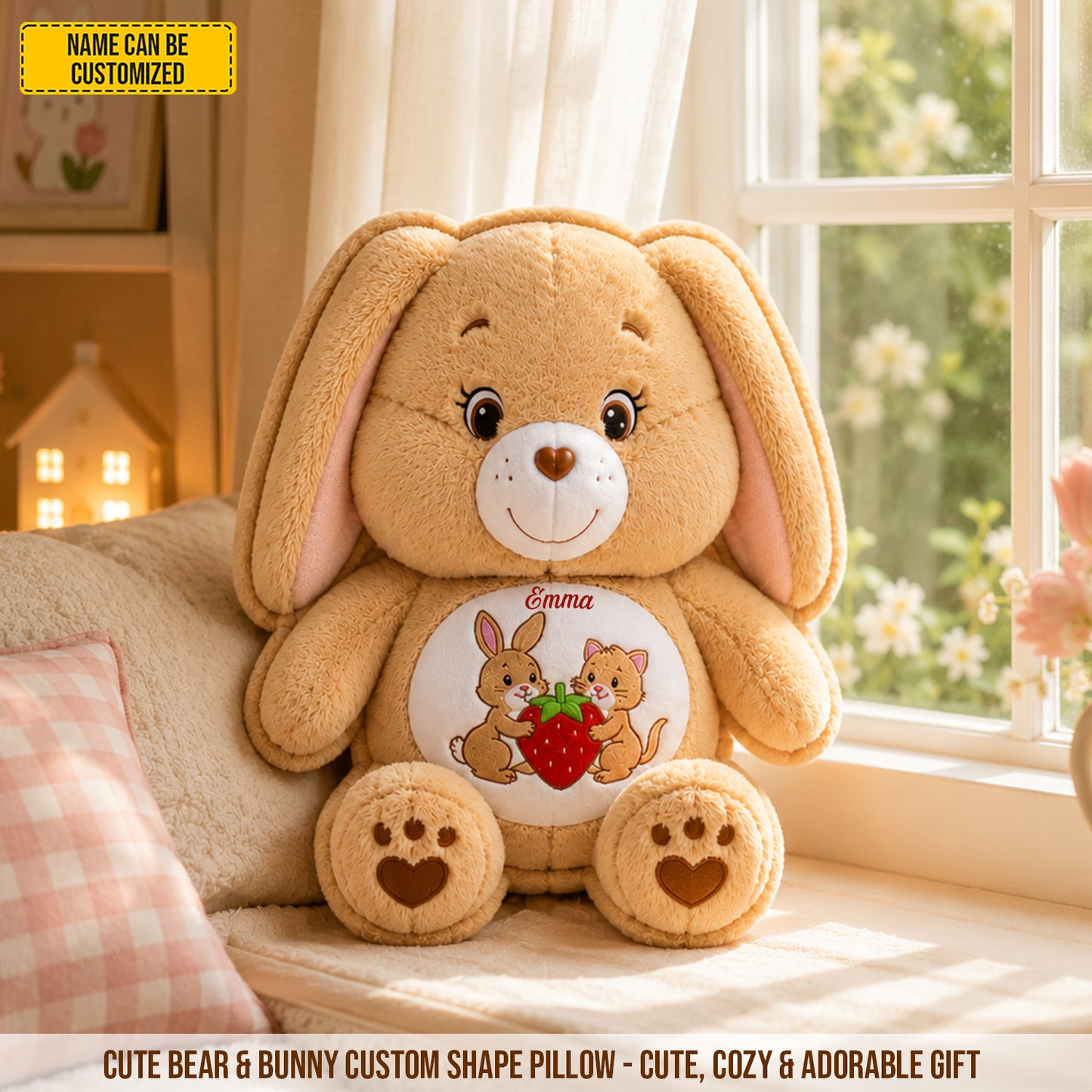 Personalized Cute Bear & Bunny Custom Shaped Pillow