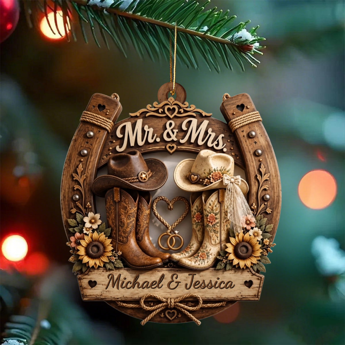 Personalized Rustic Horseshoe & Cowboy Boots Wedding Wooden Ornament