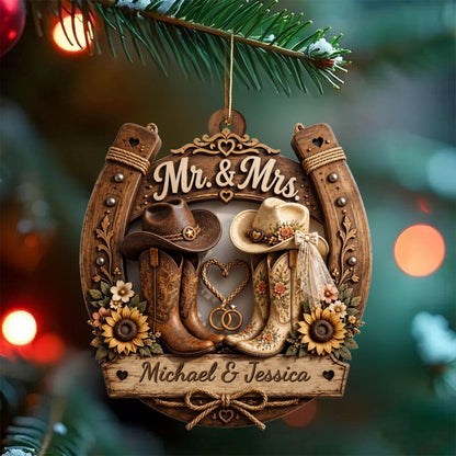 Personalized Rustic Horseshoe & Cowboy Boots Wedding Wooden Ornament