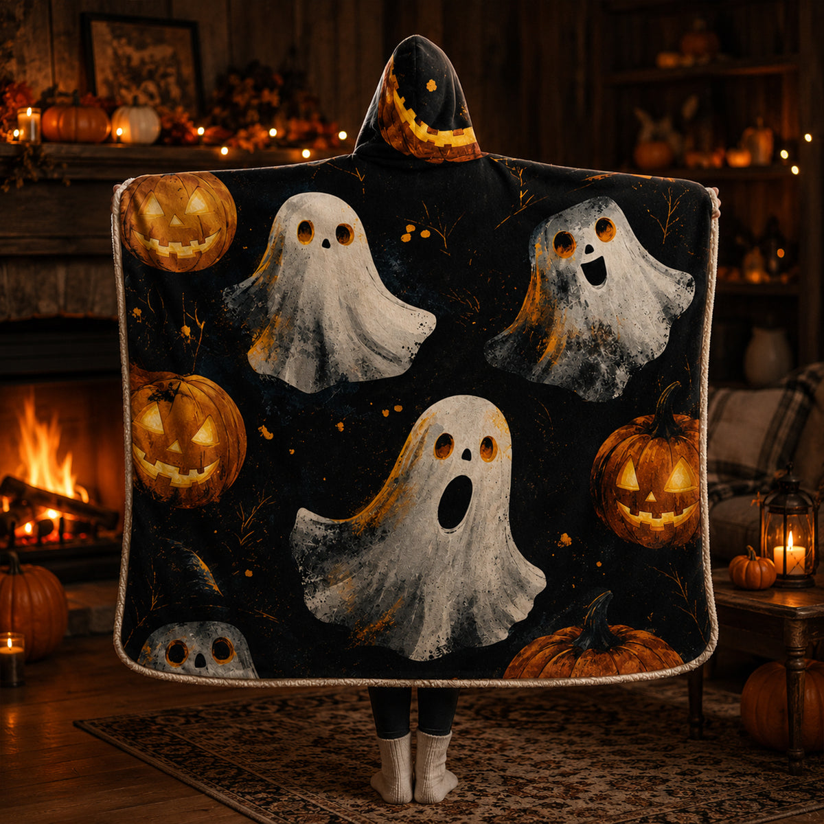 Ghost & Pumpkin Hooded Blanket