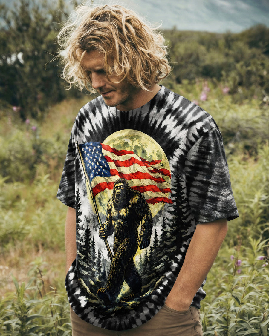 BIGFOOT WITH FLAG MOON V SWIRL ALL OVER PRINT SHIRT