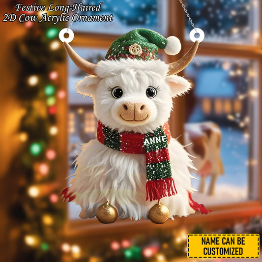 Festive Long-Haired Cow - Personalized Cow Ornament