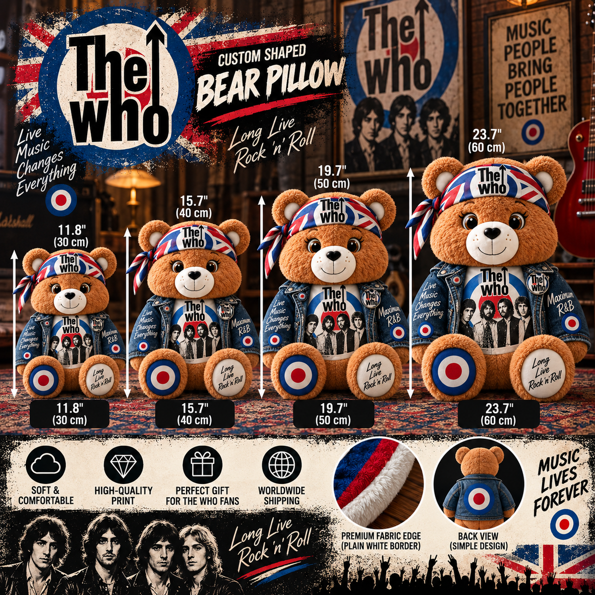The Who Custom Shaped Bear Pillow – Classic British Rock Inspired Gift for The Who Fans