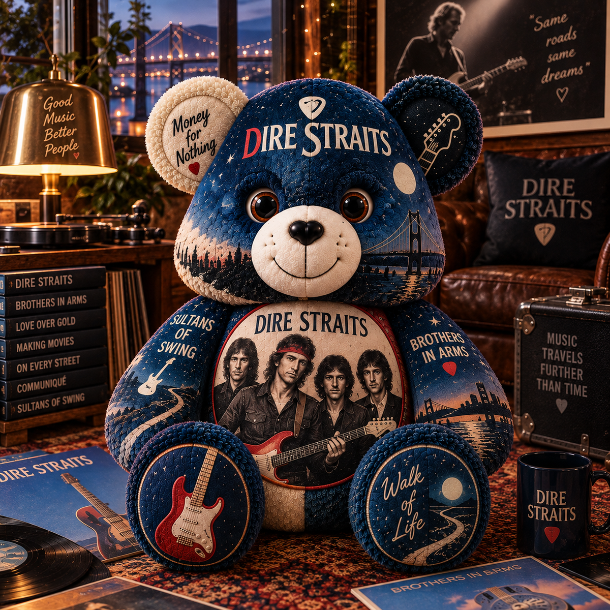 Dire Straits Bear Custom Shaped Pillow – Classic Rock Fan Gift
