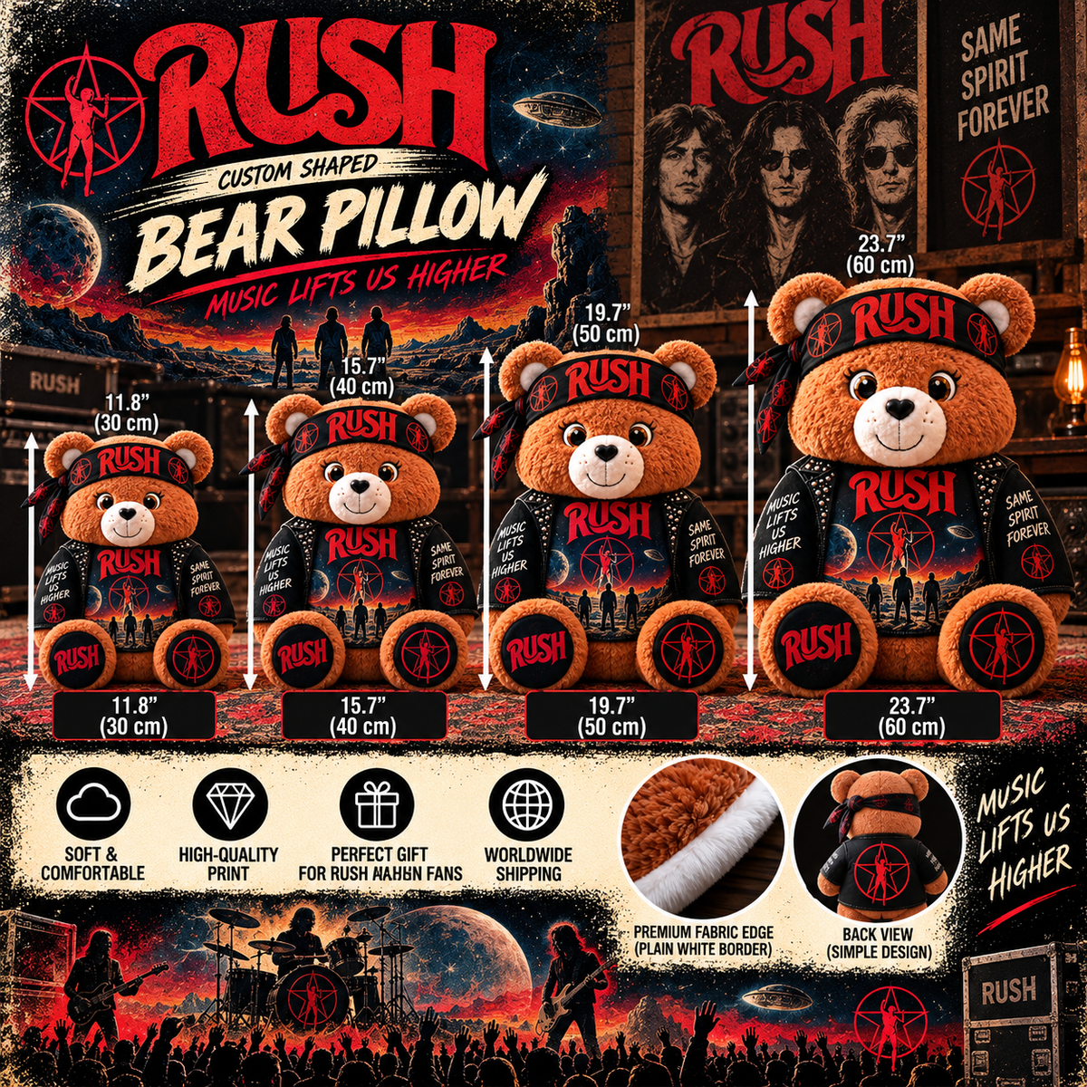 Rush Custom Shaped Bear Pillow – Music Lifts Us Higher Progressive Rock Music Inspired Gift for Rush Fans