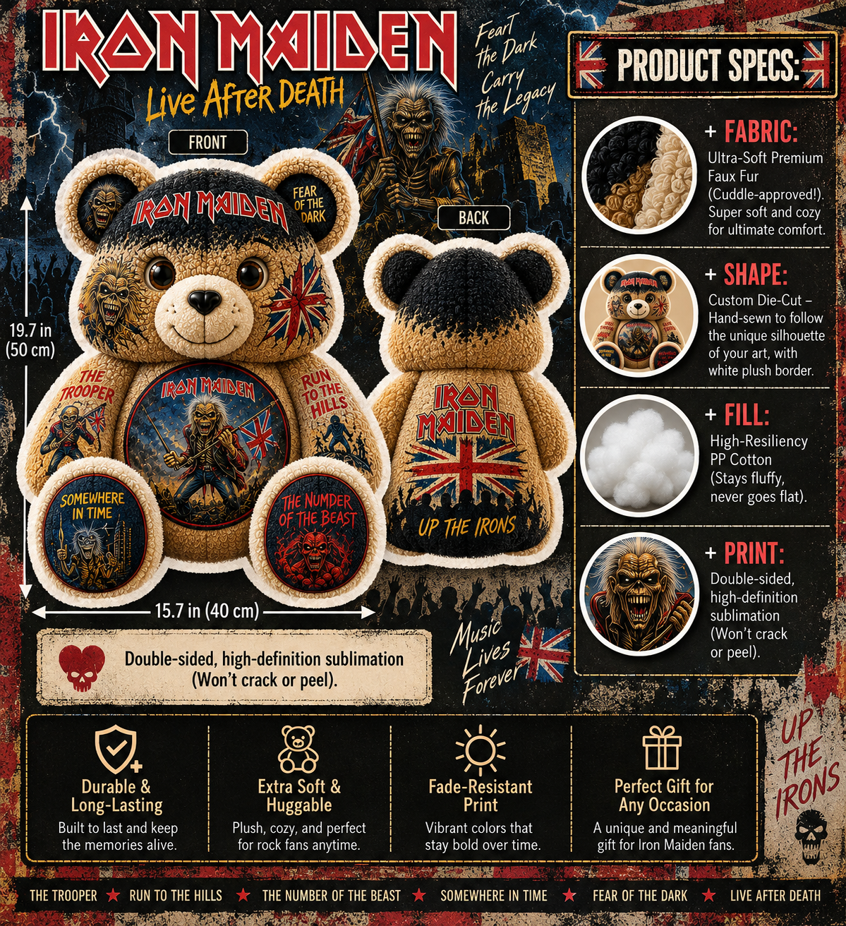 Iron Maiden Bear Custom Shaped Pillow – Rock Music Legend Gift