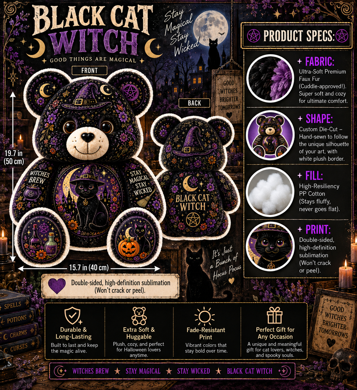 Black Cat Witch Bear Custom Shaped Pillow – Stay Magical, Stay Wicked Halloween Witchy Gift