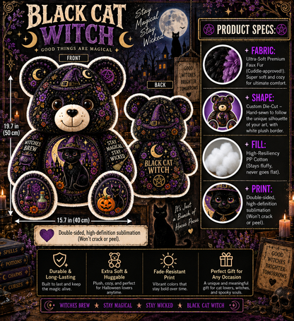 Black Cat Witch Bear Custom Shaped Pillow – Stay Magical, Stay Wicked Halloween Witchy Gift