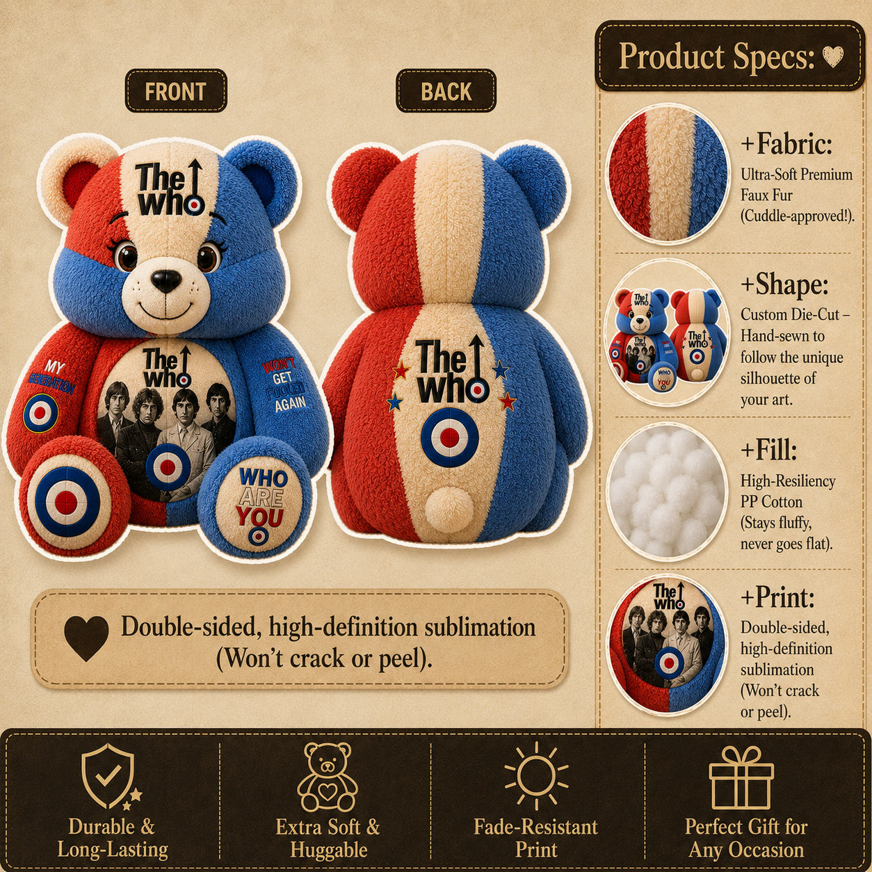 The Who Bear Custom Shaped Pillow – Rock Music Legend Gift