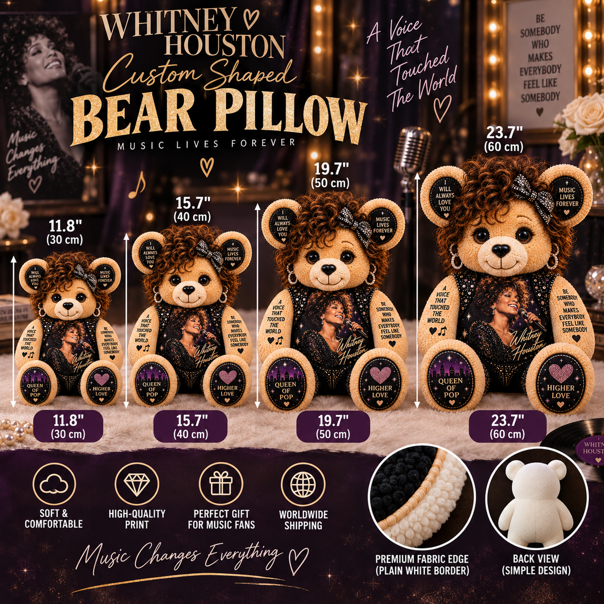 Whitney Houston Custom Shaped Bear Pillow – Music Legend Inspired Gift for Fans