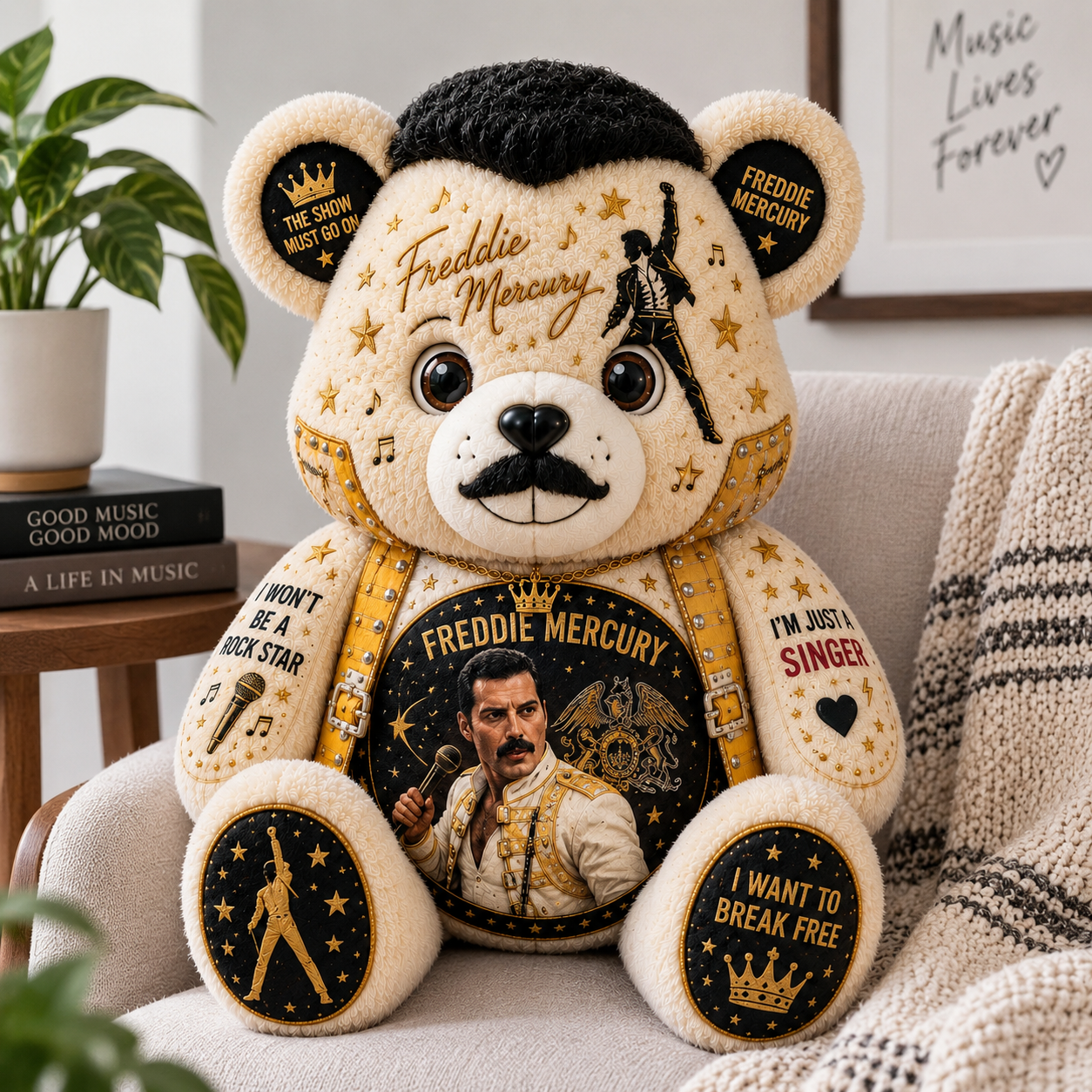 Freddie Mercury Bear Custom Shaped Pillow – Rock Music Legend Gift