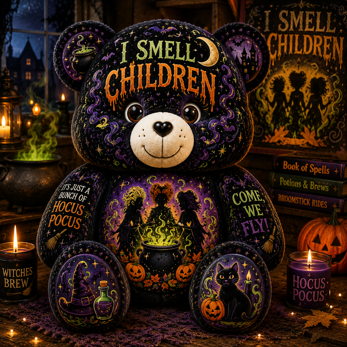 I Smell Children Witch Bear Custom Shaped Pillow – Hocus Pocus Halloween Spooky Gift