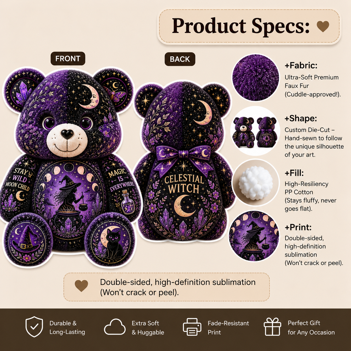 Celestial Witch Bear Custom Shaped Pillow – Moon Magic, Crystal & Black Cat Witchy Gift
