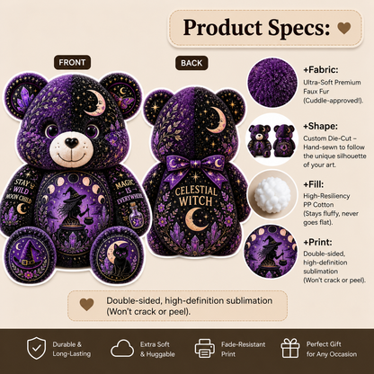 Celestial Witch Bear Custom Shaped Pillow – Moon Magic, Crystal & Black Cat Witchy Gift
