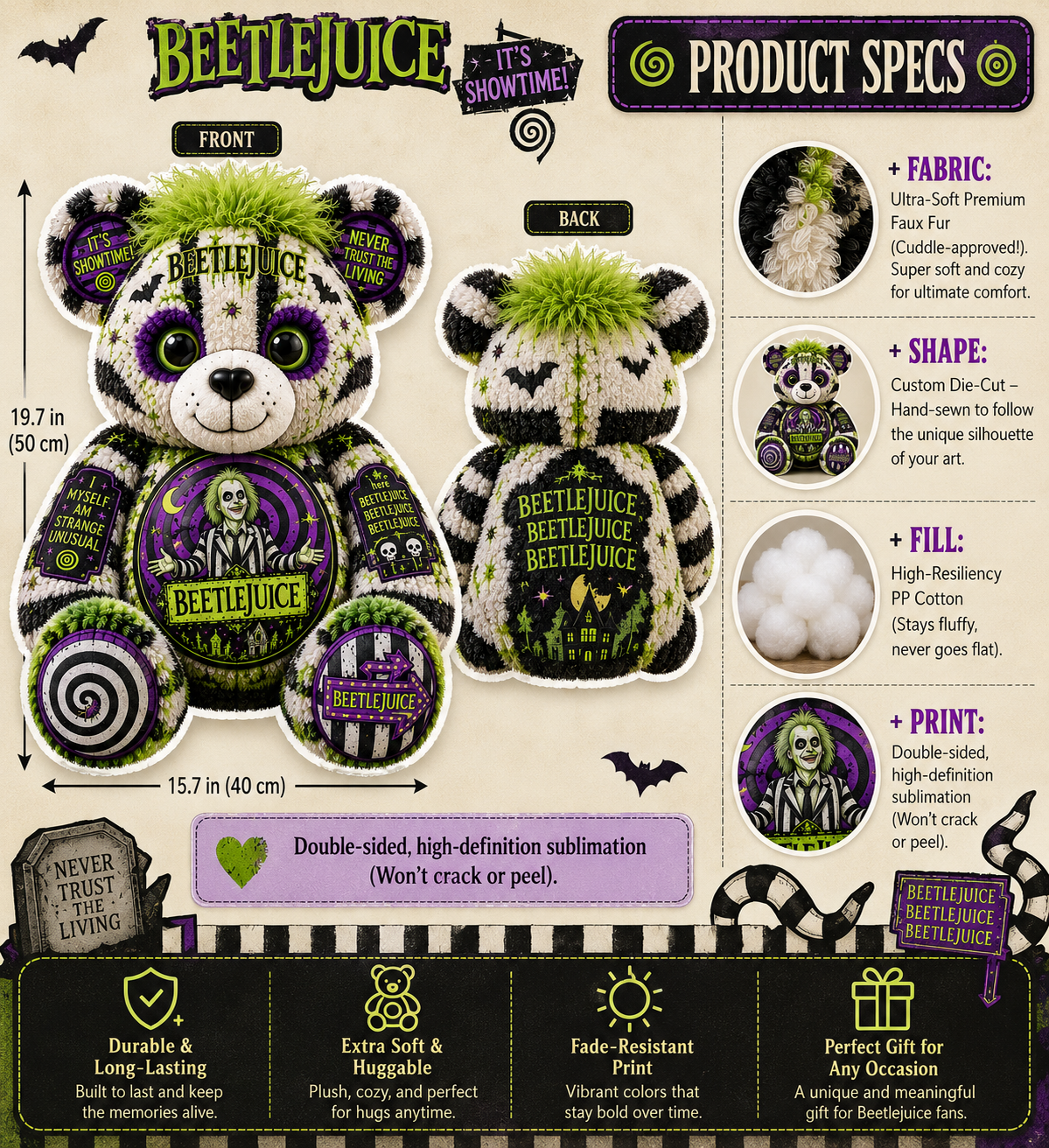Beetlejuice Bear Custom Shaped Pillow – It’s Showtime Spooky Halloween Fan Gift