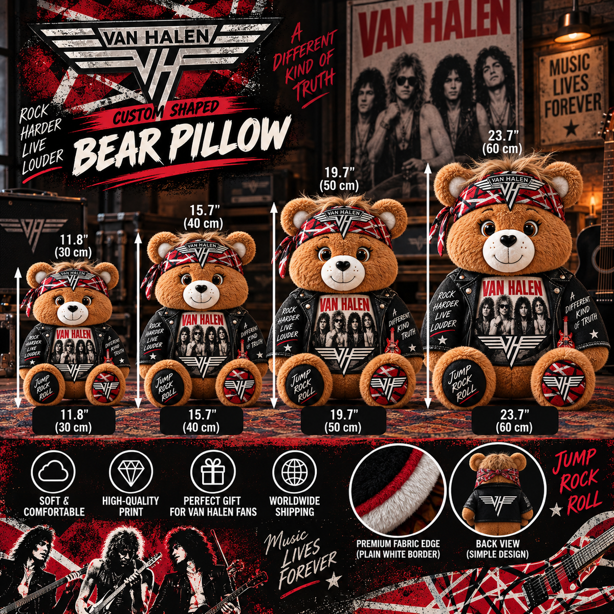 Van Halen Custom Shaped Bear Pillow – Classic Hard Rock Inspired Gift for Van Halen Fans
