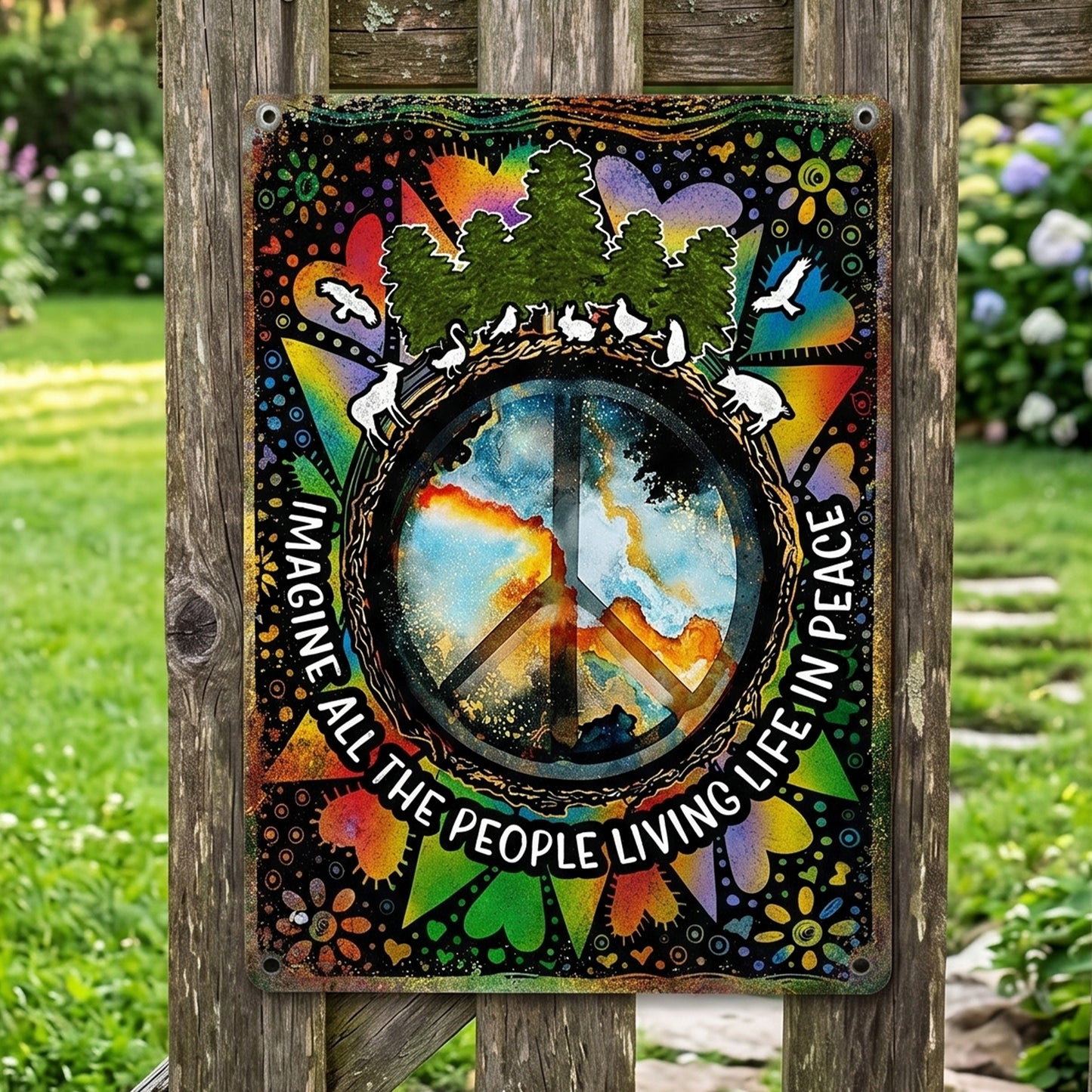 Imagine All The People Living Life In Peace - Hippie Metal Sign Version 2