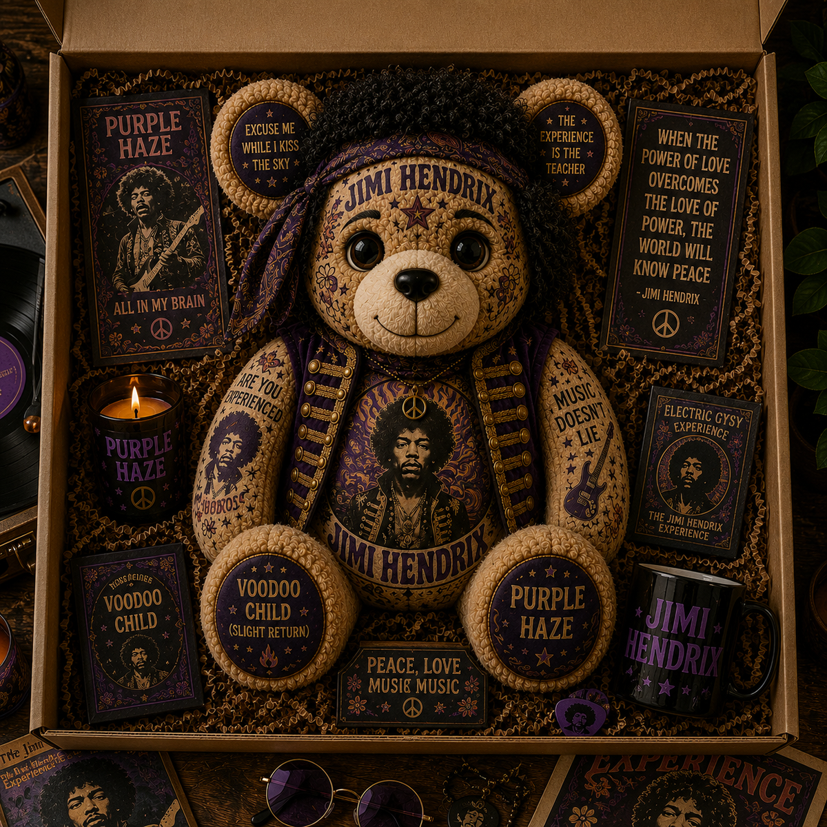 Jimi Hendrix Purple Haze Bear Custom Shaped Pillow – Psychedelic Rock Legend Music Lover Gift