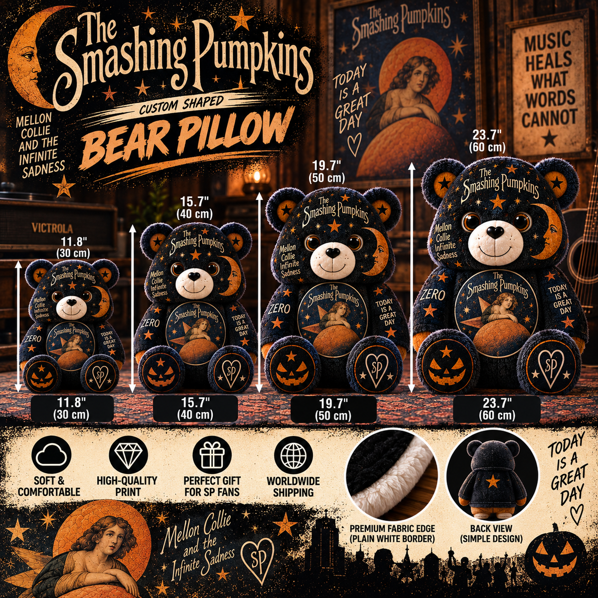 The Smashing Pumpkins Custom Shaped Bear Pillow – Alternative Rock Inspired Gift for Smashing Pumpkins Fans