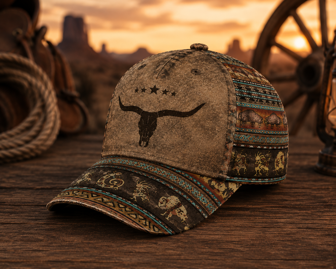 Western Longhorn Cap – Southwestern Cowboy Tribal Hat, Rustic Ranch Gift