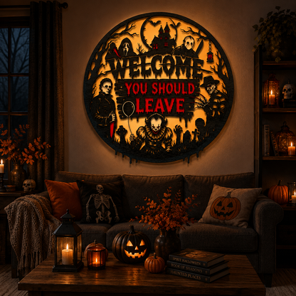 Welcome You Should Leave Horror Wall Sign – Halloween Horror Decor for Scary Movie Lovers