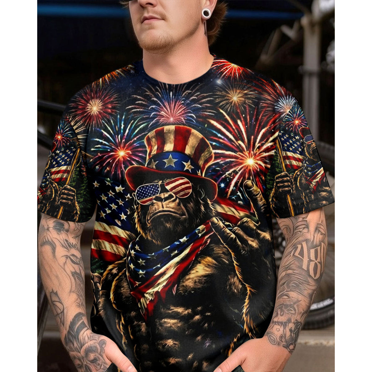 BIGFOOT FIREWORK STARS AND STRIPES ALL OVER PRINT SHIRT