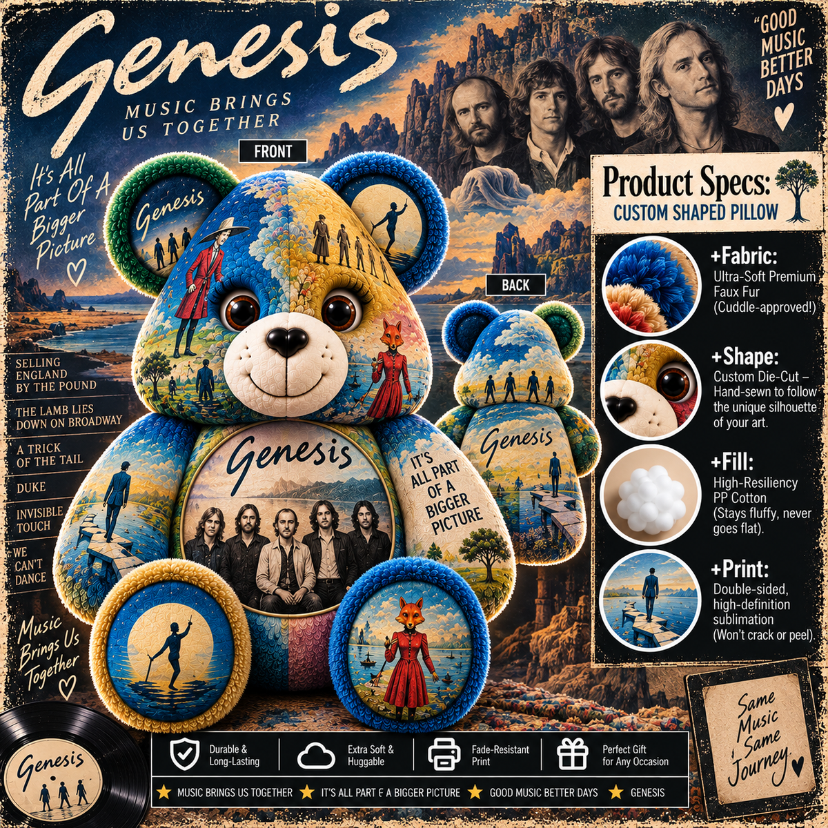 Genesis Bear Custom Shaped Pillow – Progressive Rock Fan Gift