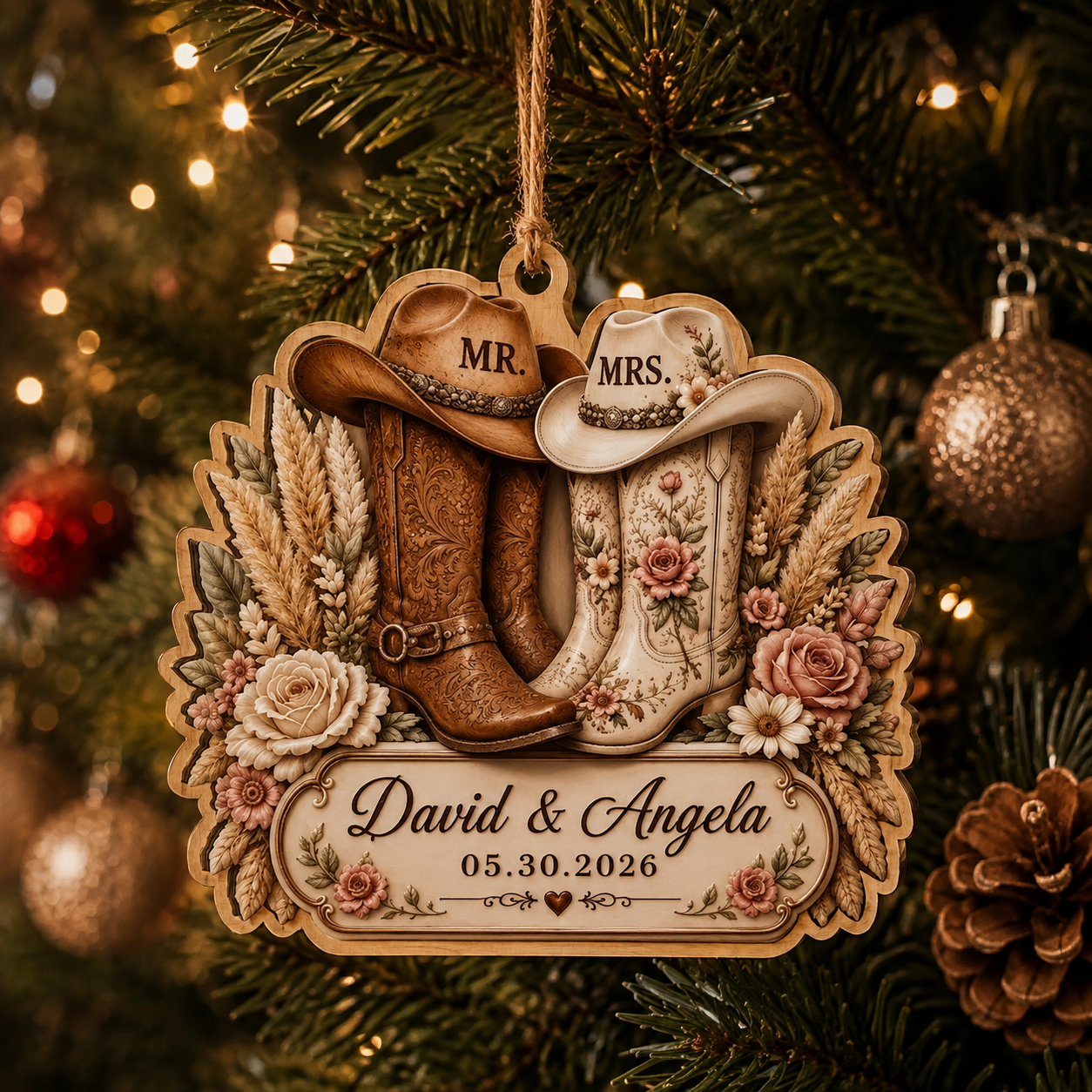 Personalized Western Mr. & Mrs. Cowboy Boots Wooden Ornament