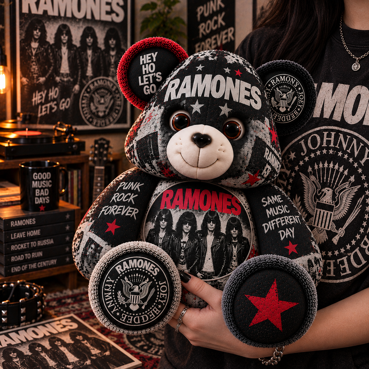 Ramones Bear Custom Shaped Pillow – Hey Ho Let’s Go Punk Rock Music Fan Gift