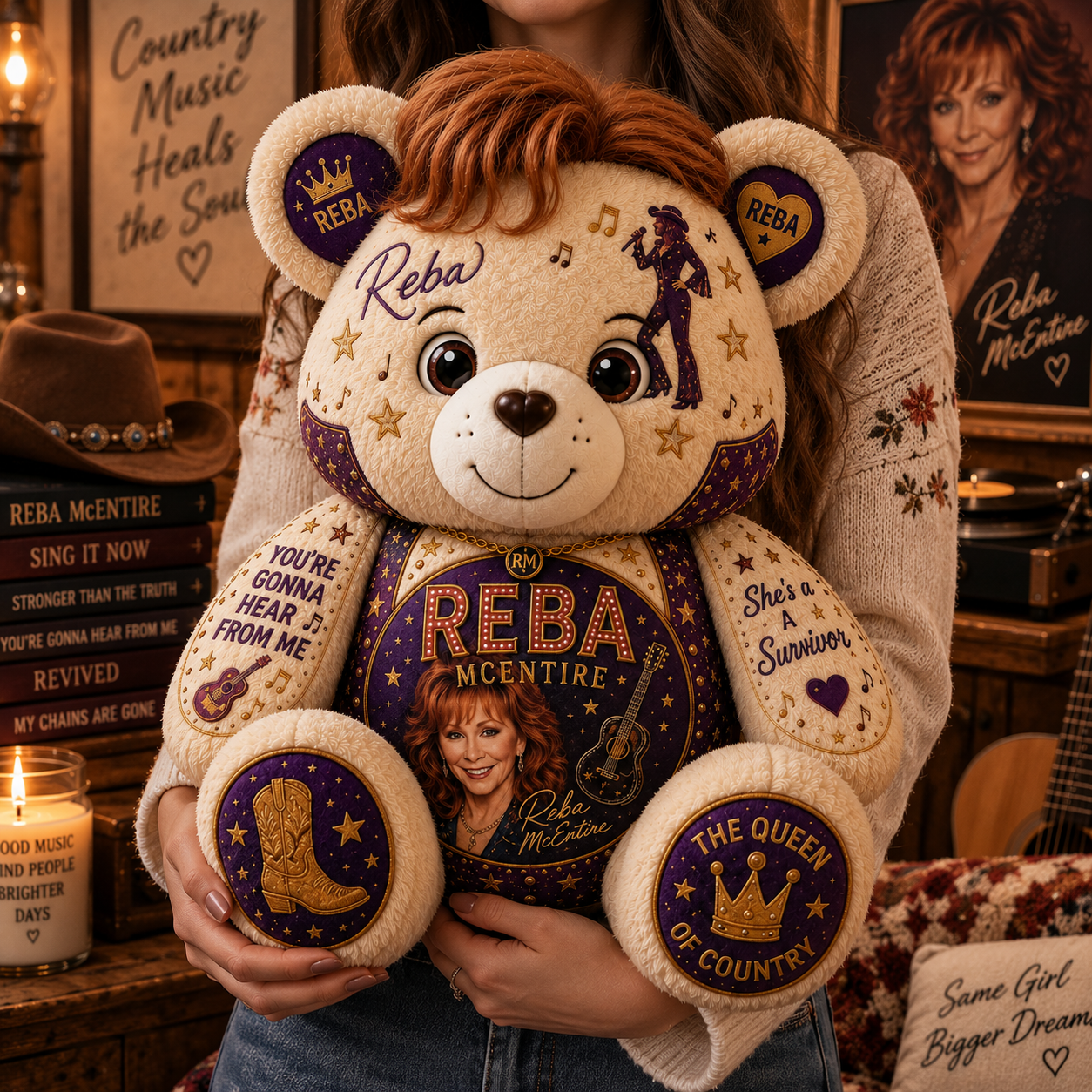 Reba McEntire Bear Custom Shaped Pillow – Queen of Country Music Fan Gift, Country Lover Decor
