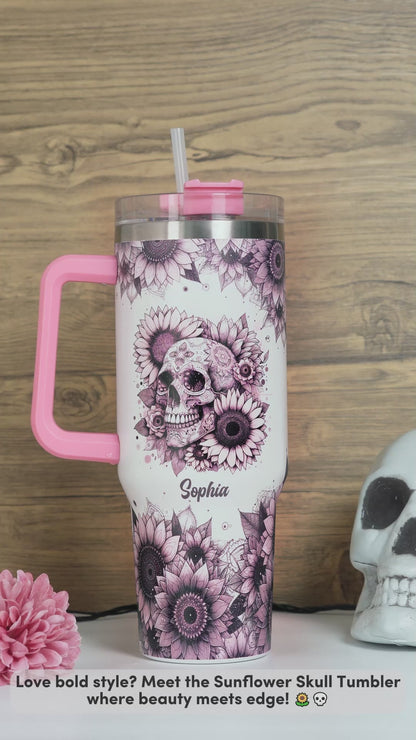 Sunflower Skull - Personalized Skull Tumbler With Handle 40oz