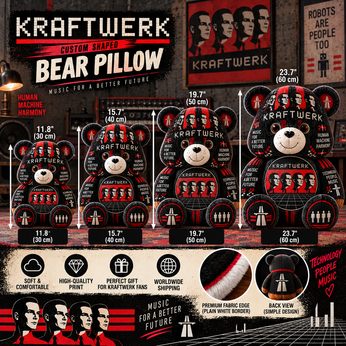 Kraftwerk Custom Shaped Bear Pillow – Electronic Music & Synth-Pop Inspired Gift for Kraftwerk Fans