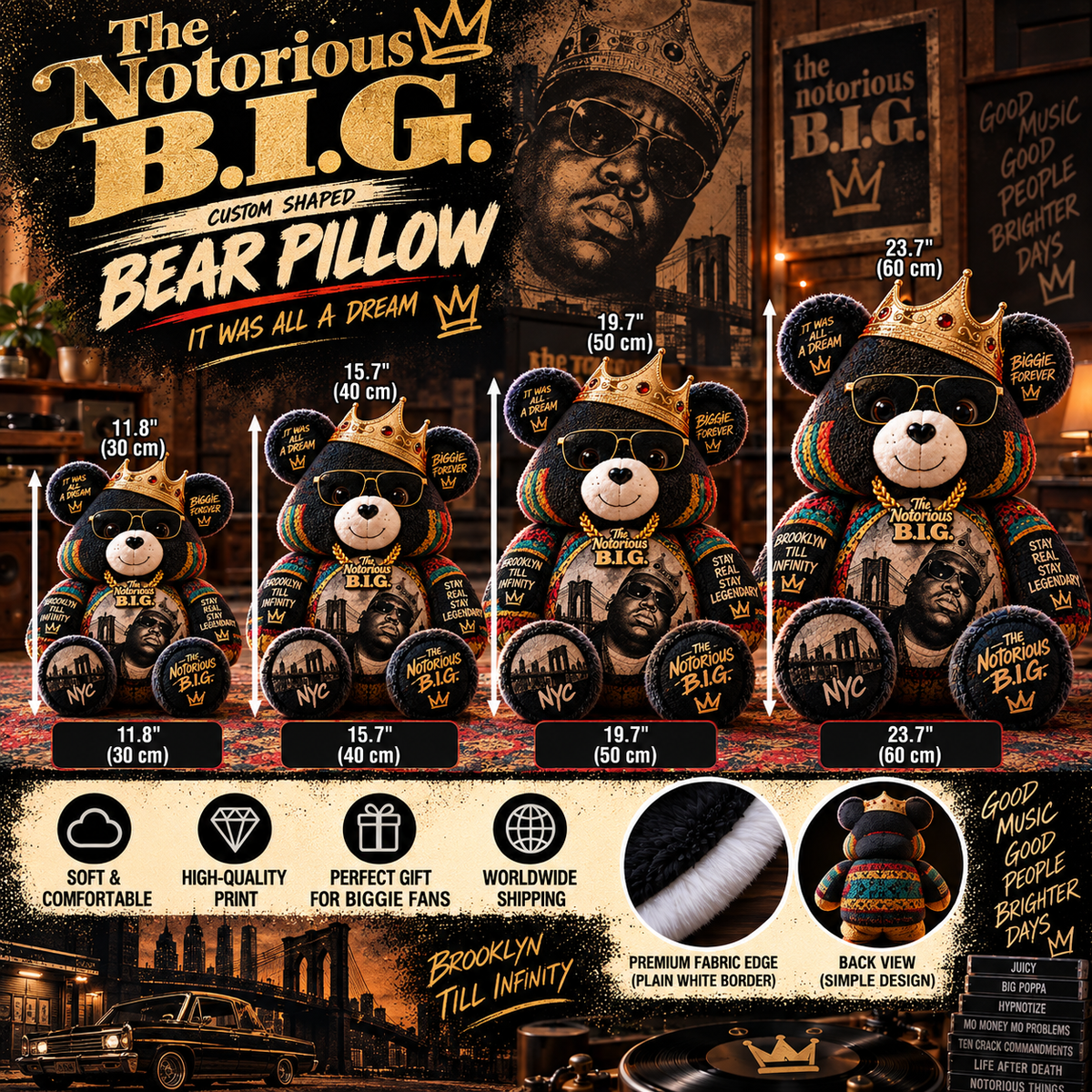 The Notorious B.I.G. Custom Shaped Bear Pillow – It Was All a Dream Hip Hop Legend Inspired Gift for Biggie Fans